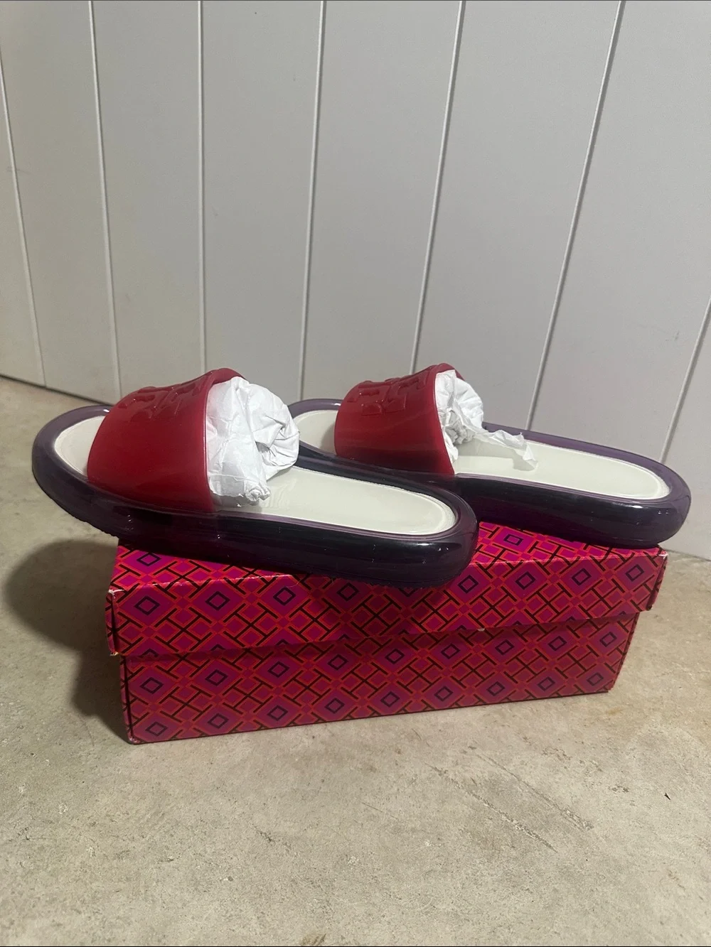 Tory Burch Red Slide Sandals with Purple Platform